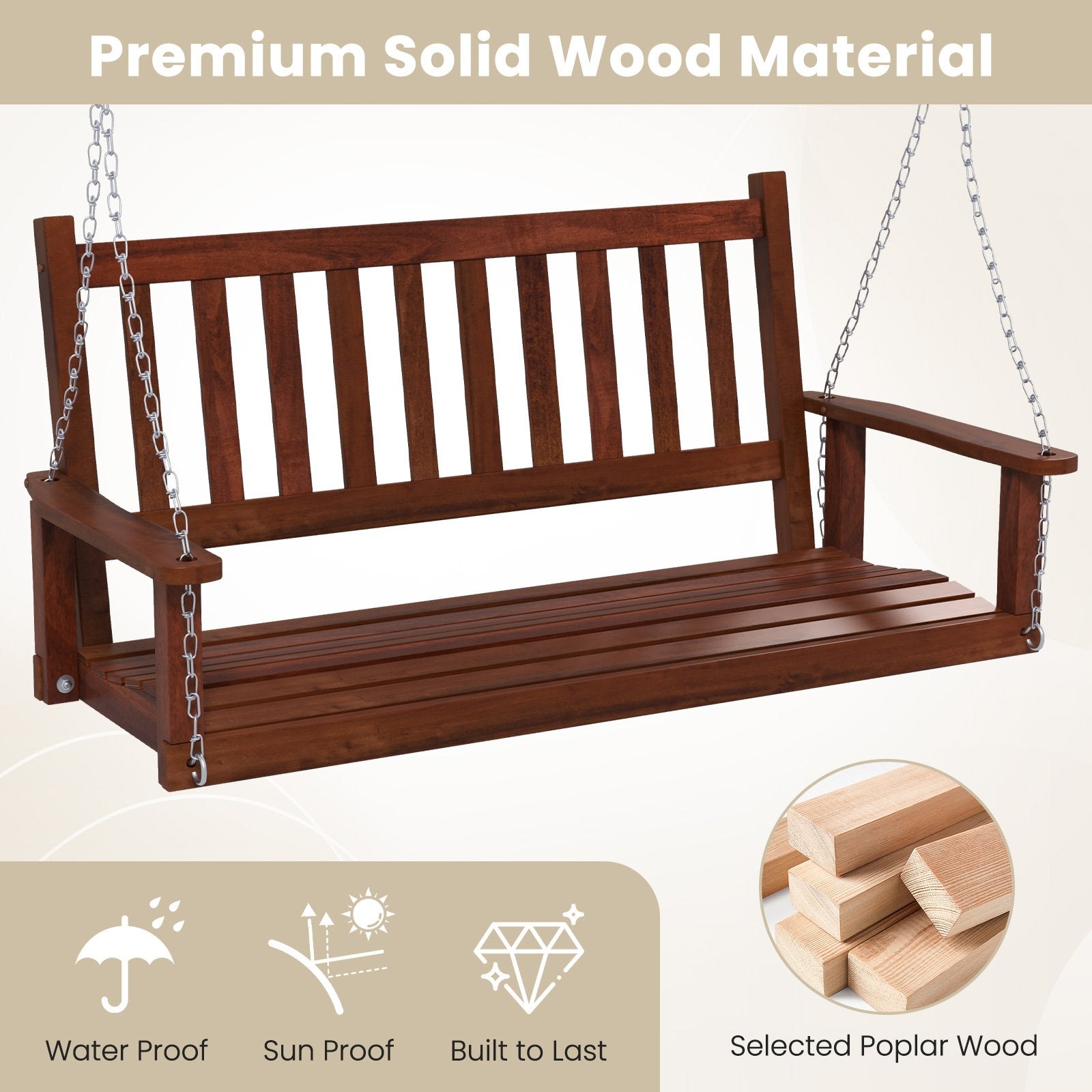 3-Person Wooden Outdoor Porch Swing with 800 lbs Weight Capacity, Brown Porch Swings   at Gallery Canada