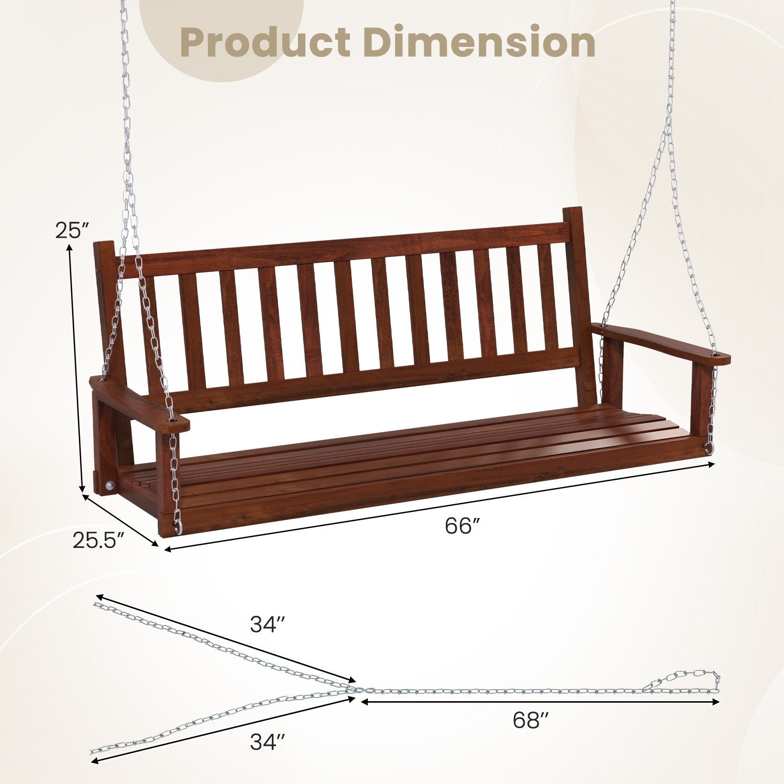 3-Person Wooden Outdoor Porch Swing with 800 lbs Weight Capacity, Brown Porch Swings   at Gallery Canada