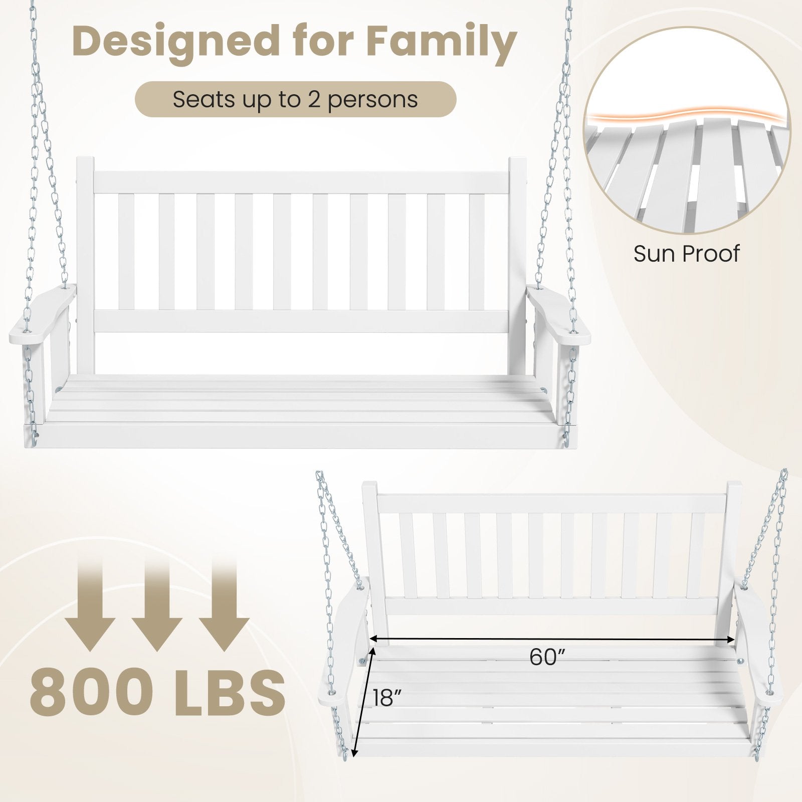 3-Person Wooden Outdoor Porch Swing with 800 lbs Weight Capacity, White Porch Swings   at Gallery Canada