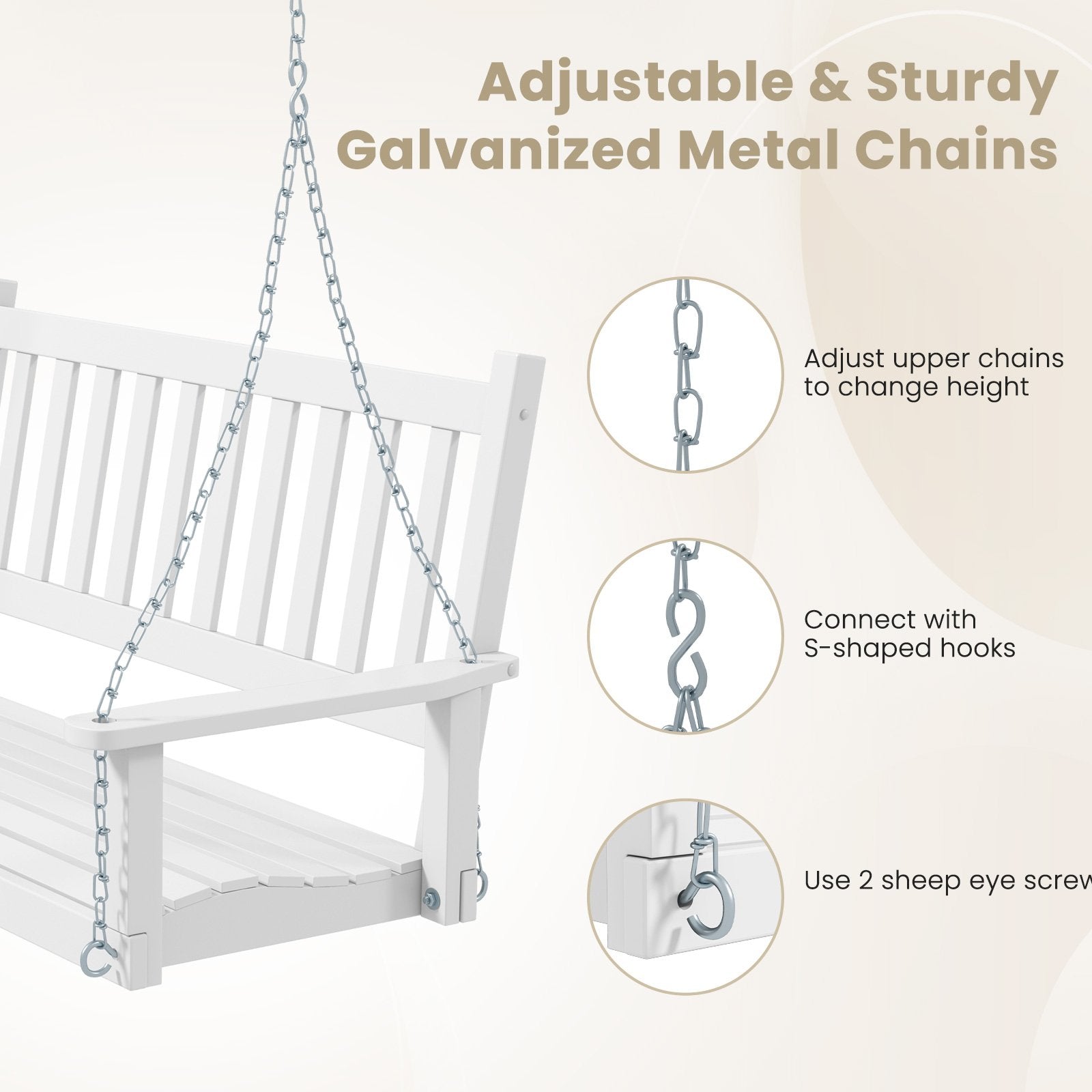 3-Person Wooden Outdoor Porch Swing with 800 lbs Weight Capacity, White Porch Swings   at Gallery Canada