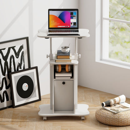 Adjustable Mobile Standing Desk Cart with Tilt Desktop and Cabinet, White Laptop Tables & Printer Stands   at Gallery Canada