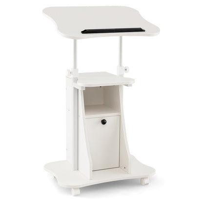 Adjustable Mobile Standing Desk Cart with Tilt Desktop and Cabinet, White Laptop Tables & Printer Stands   at Gallery Canada