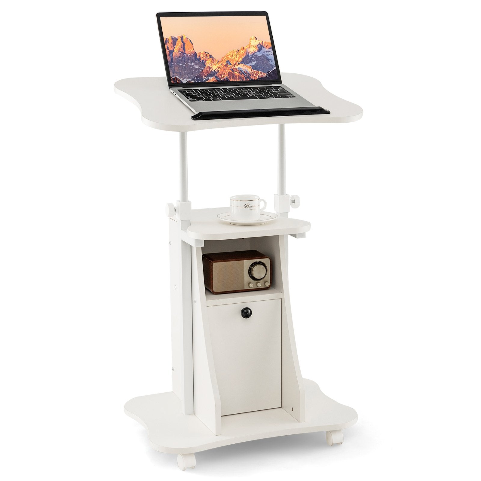 Adjustable Mobile Standing Desk Cart with Tilt Desktop and Cabinet, White Laptop Tables & Printer Stands   at Gallery Canada