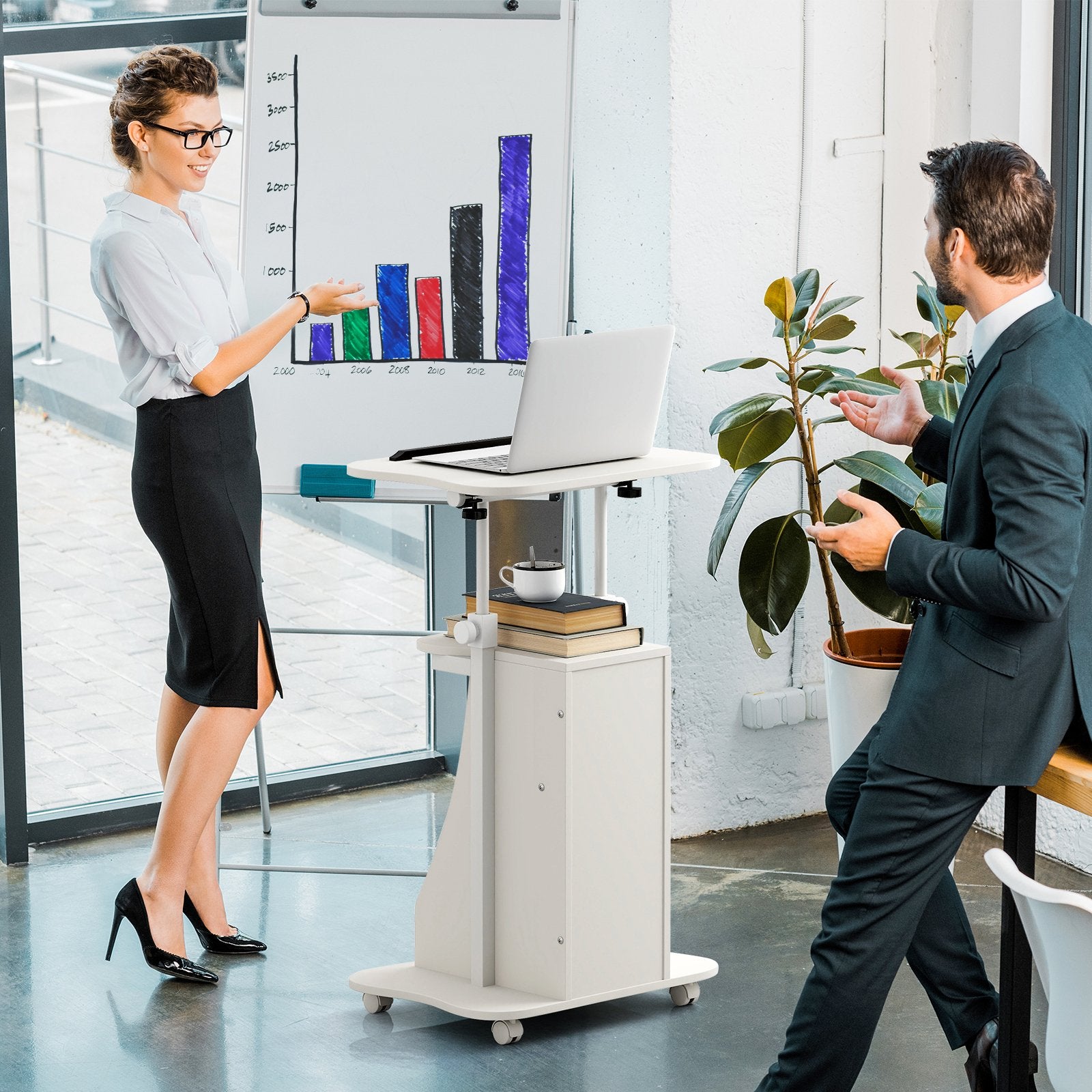 Adjustable Mobile Standing Desk Cart with Tilt Desktop and Cabinet, White Laptop Tables & Printer Stands   at Gallery Canada