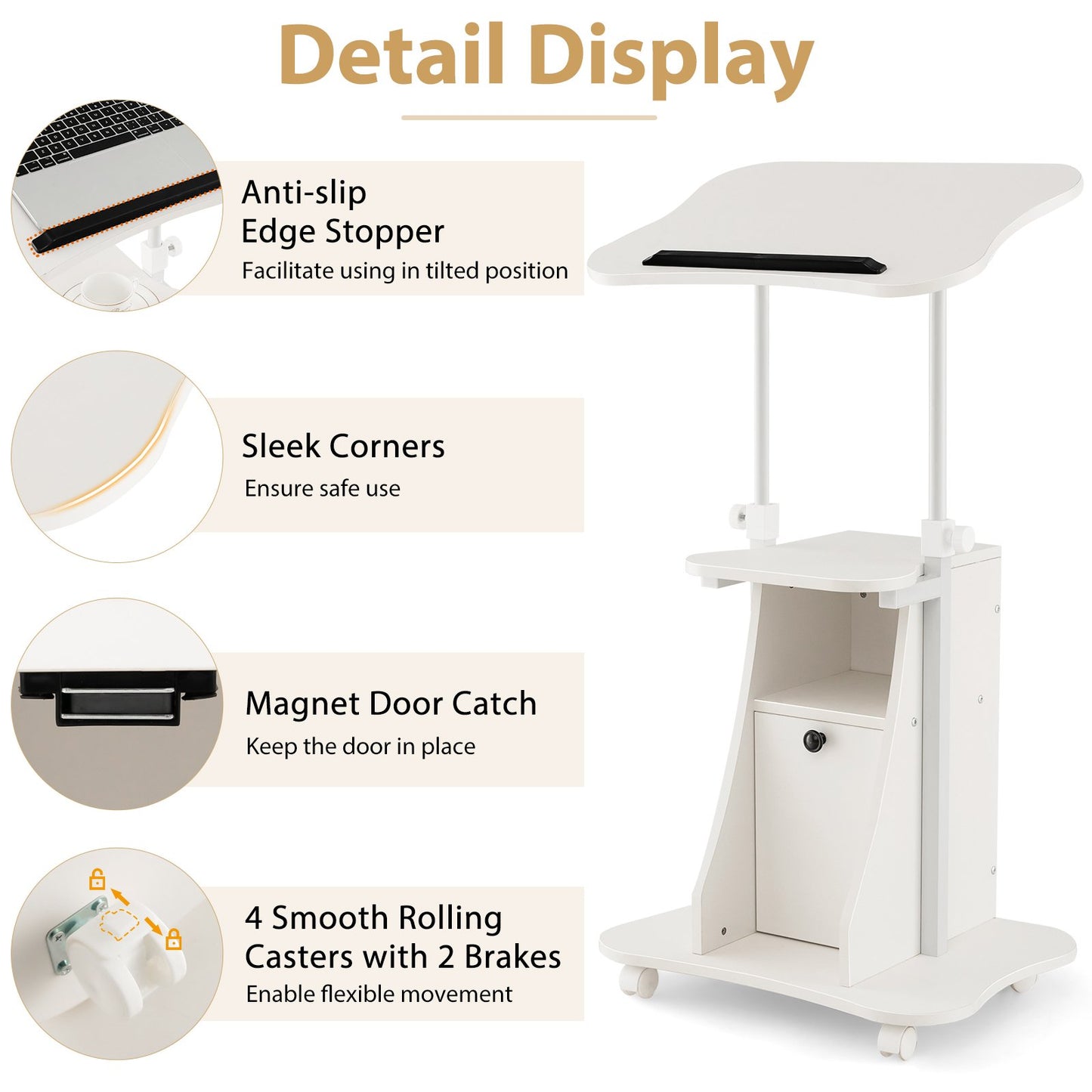 Adjustable Mobile Standing Desk Cart with Tilt Desktop and Cabinet, White Laptop Tables & Printer Stands   at Gallery Canada