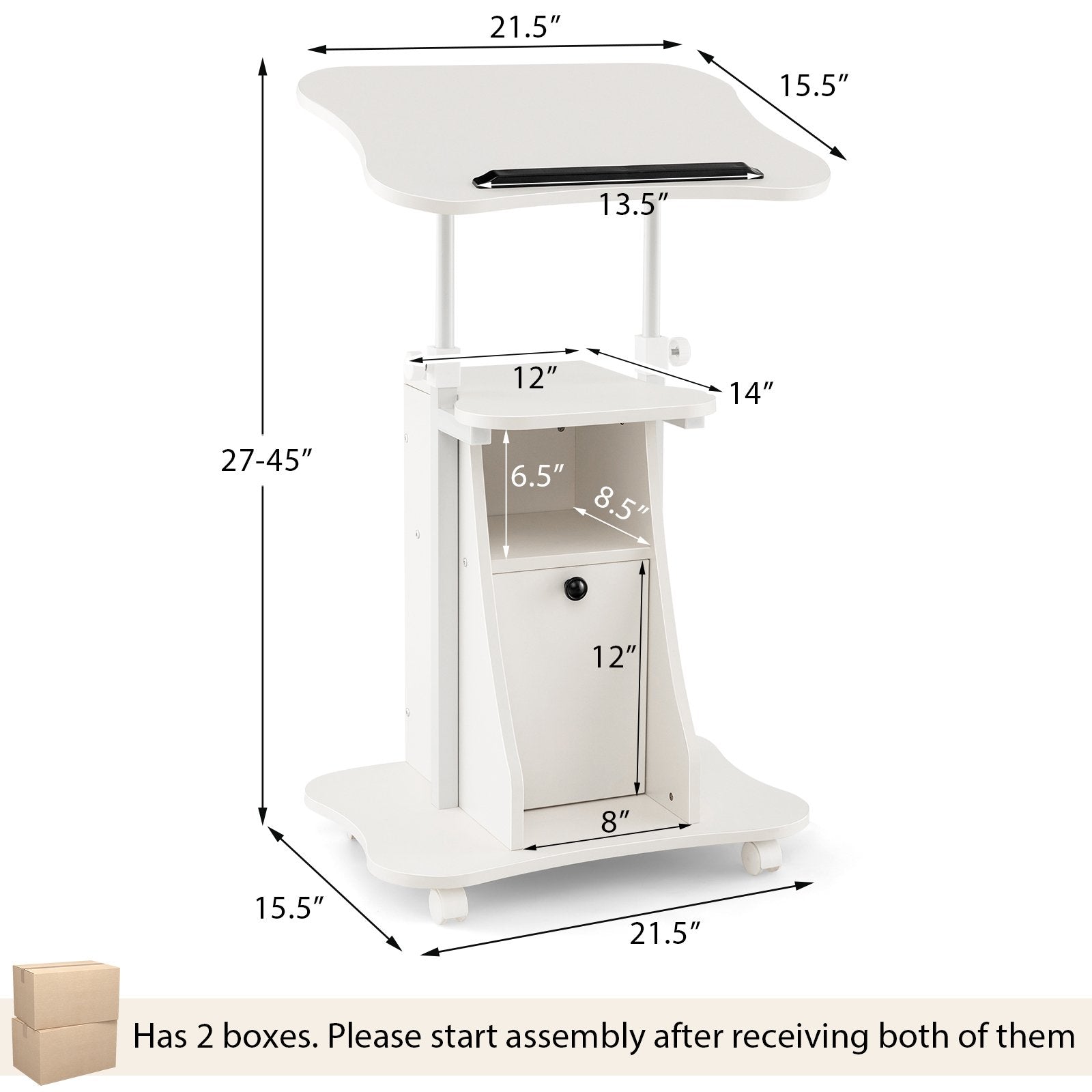 Adjustable Mobile Standing Desk Cart with Tilt Desktop and Cabinet, White Laptop Tables & Printer Stands   at Gallery Canada