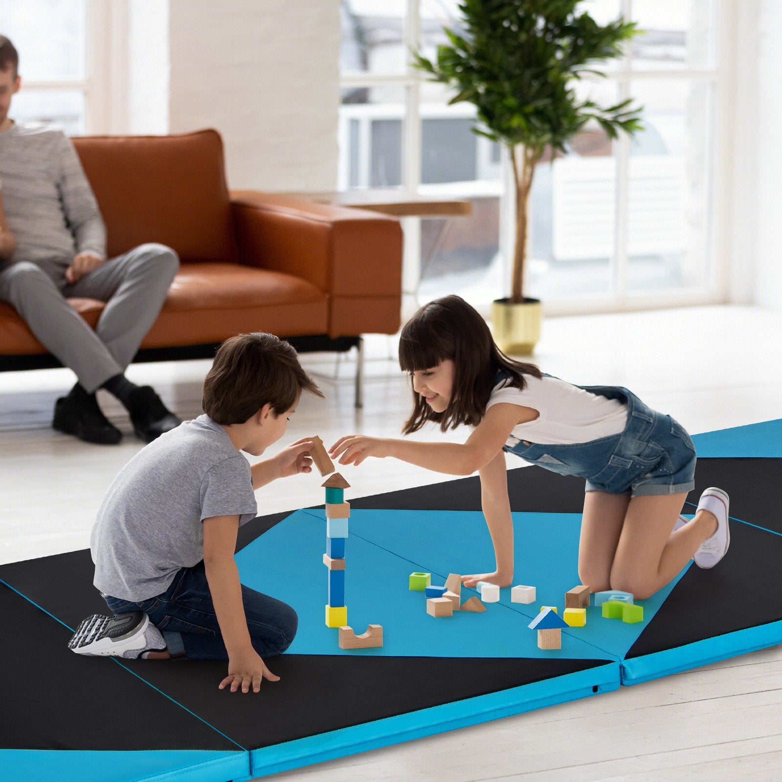 4-Panel PU Leather Folding Exercise Gym Mat with Hook and Loop Fasteners, Black & Turquoise Yoga & Gym Mats   at Gallery Canada