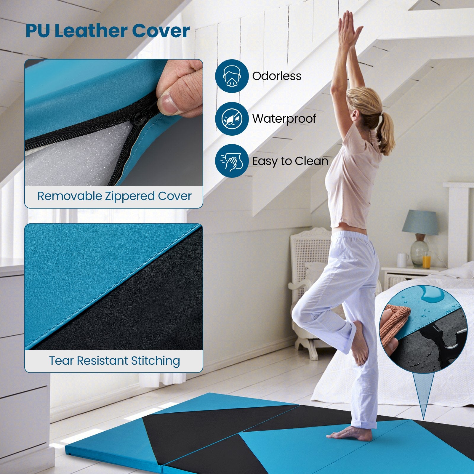 4-Panel PU Leather Folding Exercise Gym Mat with Hook and Loop Fasteners, Black & Turquoise Yoga & Gym Mats   at Gallery Canada