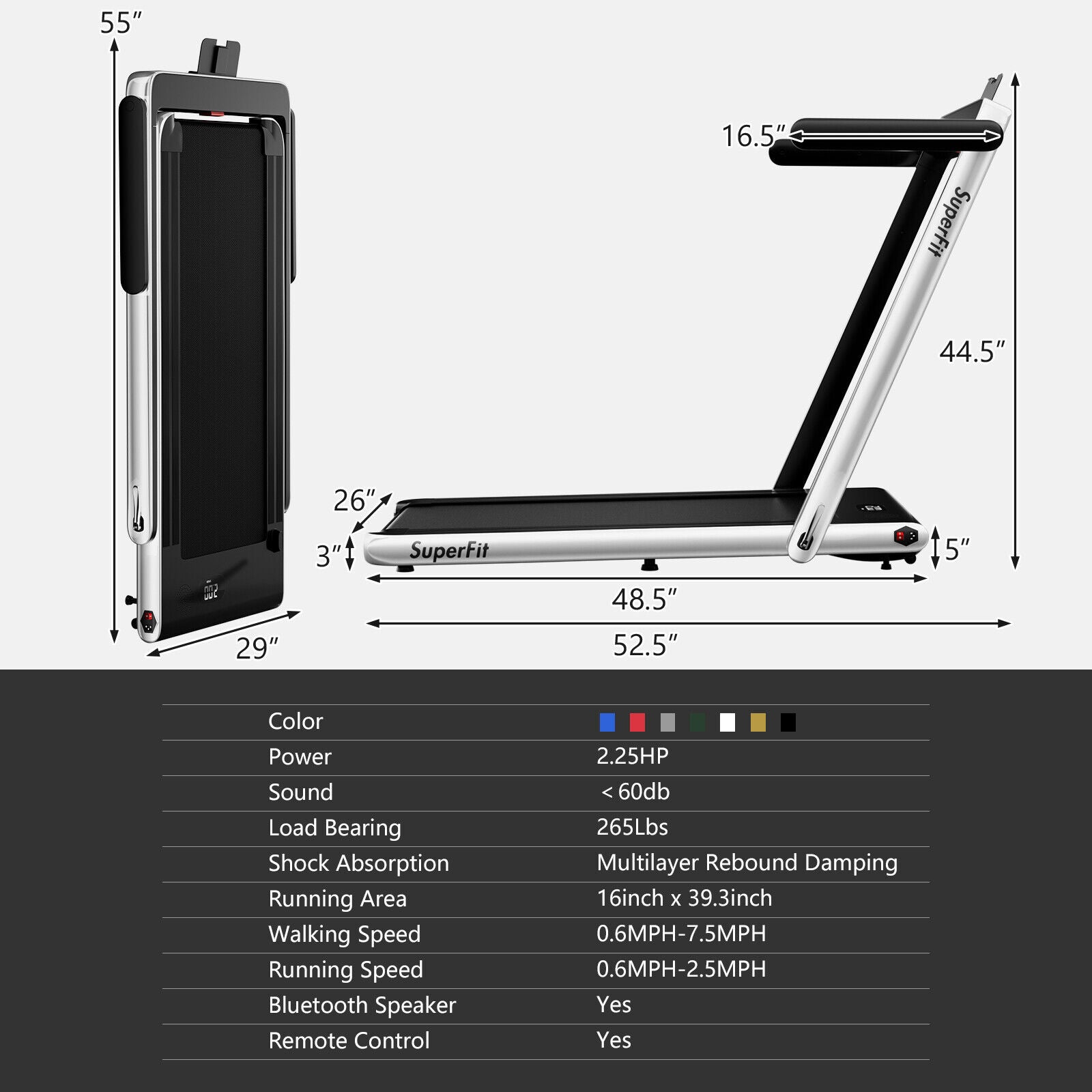 2.25HP 2 in 1 Folding Treadmill with APP Speaker Remote Control, Silver Treadmills at Gallery Canada