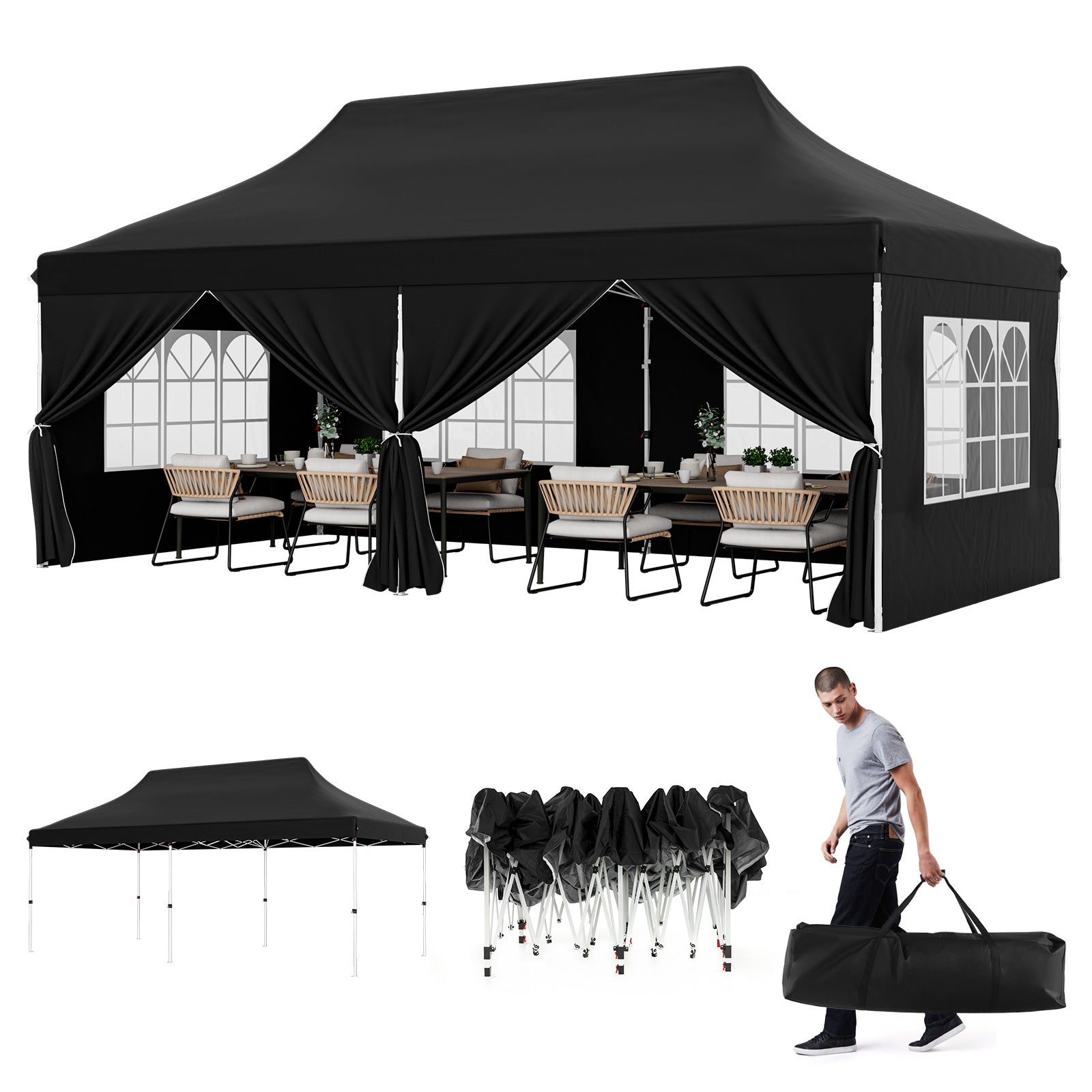 10 x 20 FT Pop up Canopy with 6 Sidewalls and Windows and Carrying Bag for Party Wedding Picnic, Black Canopies Black at Gallery Canada