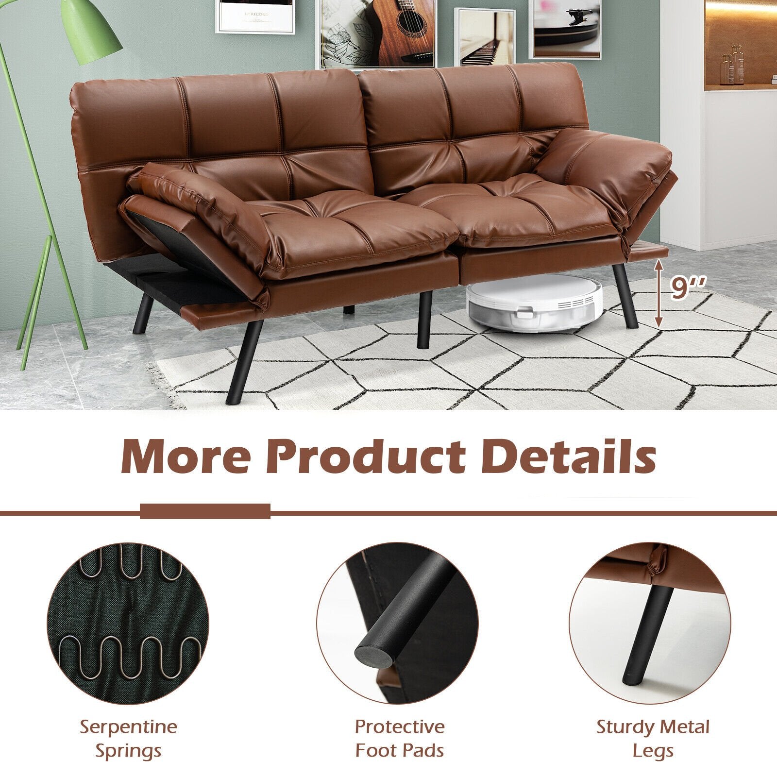 Convertible Memory Foam Futon Sofa Bed with Adjustable Armrest, Brown Sofas & Loveseats   at Gallery Canada