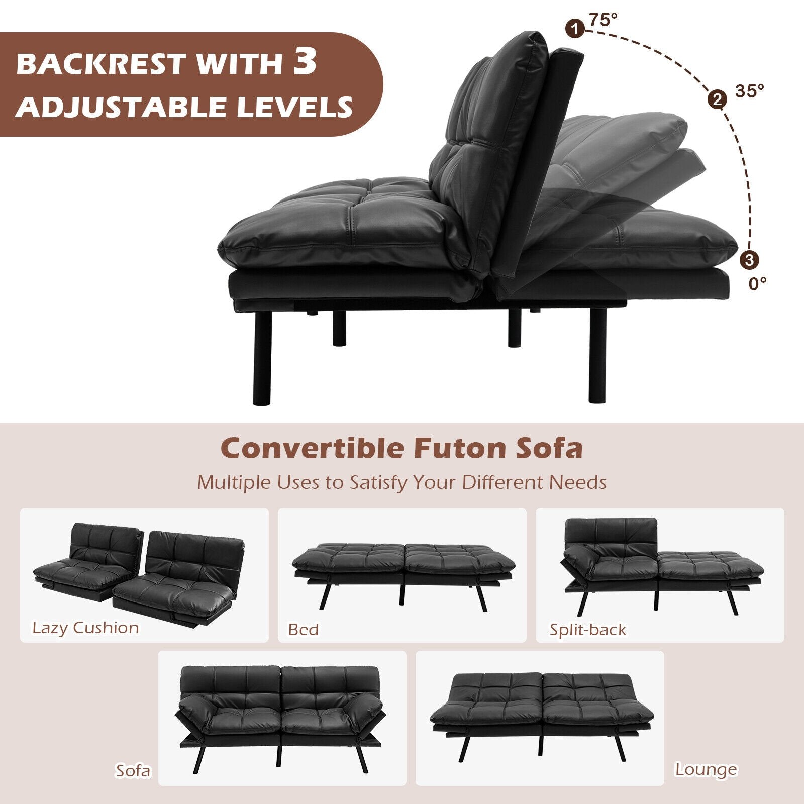 Convertible Memory Foam Futon Sofa Bed with Adjustable Armrest, Black Sofas & Loveseats   at Gallery Canada