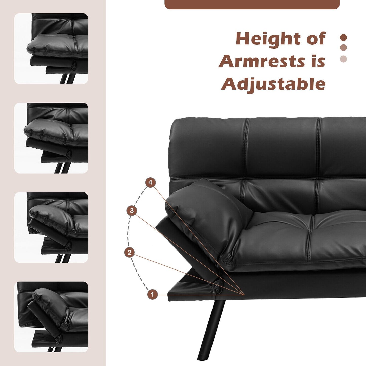 Convertible Memory Foam Futon Sofa Bed with Adjustable Armrest, Black Sofas & Loveseats   at Gallery Canada