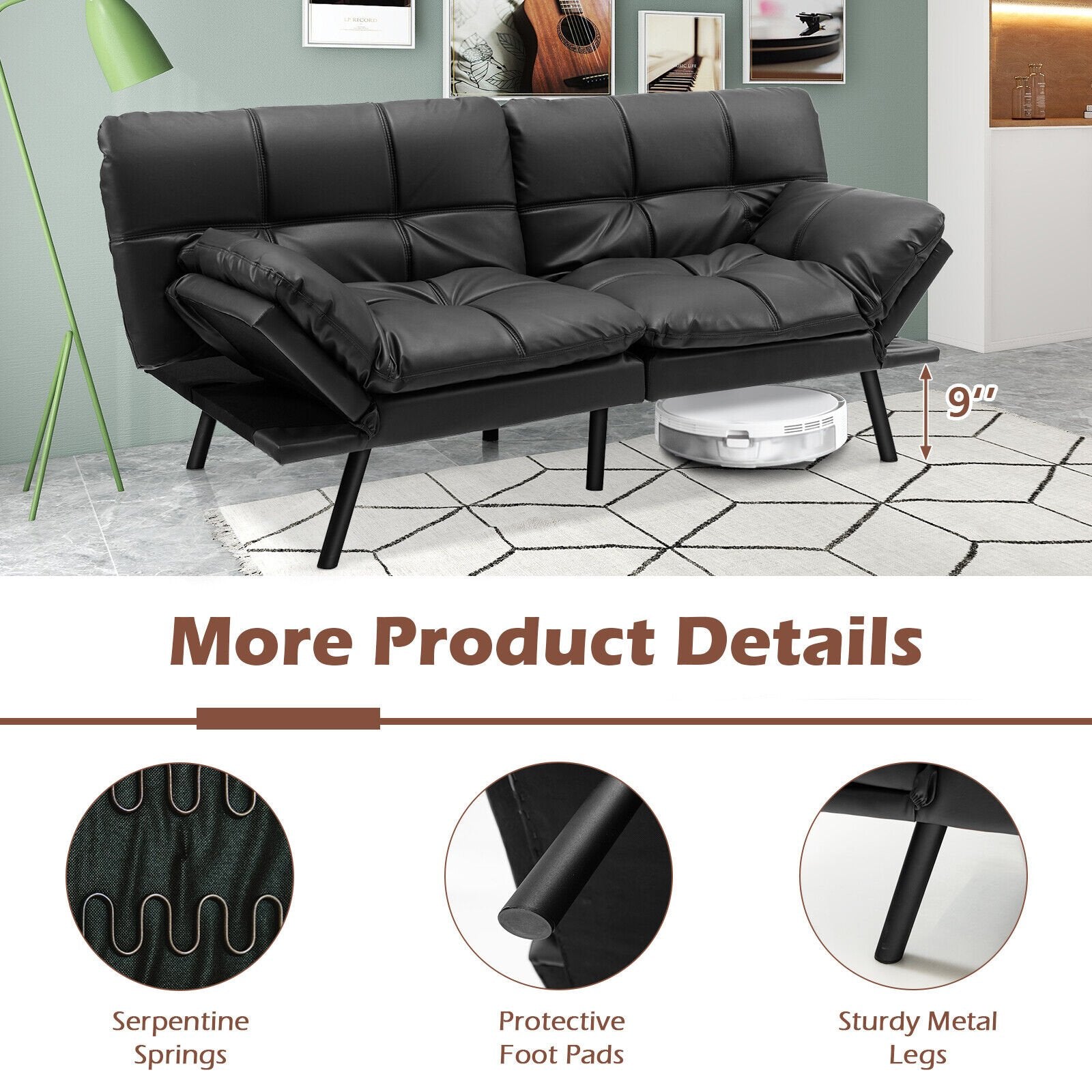 Convertible Memory Foam Futon Sofa Bed with Adjustable Armrest, Black Sofas & Loveseats   at Gallery Canada