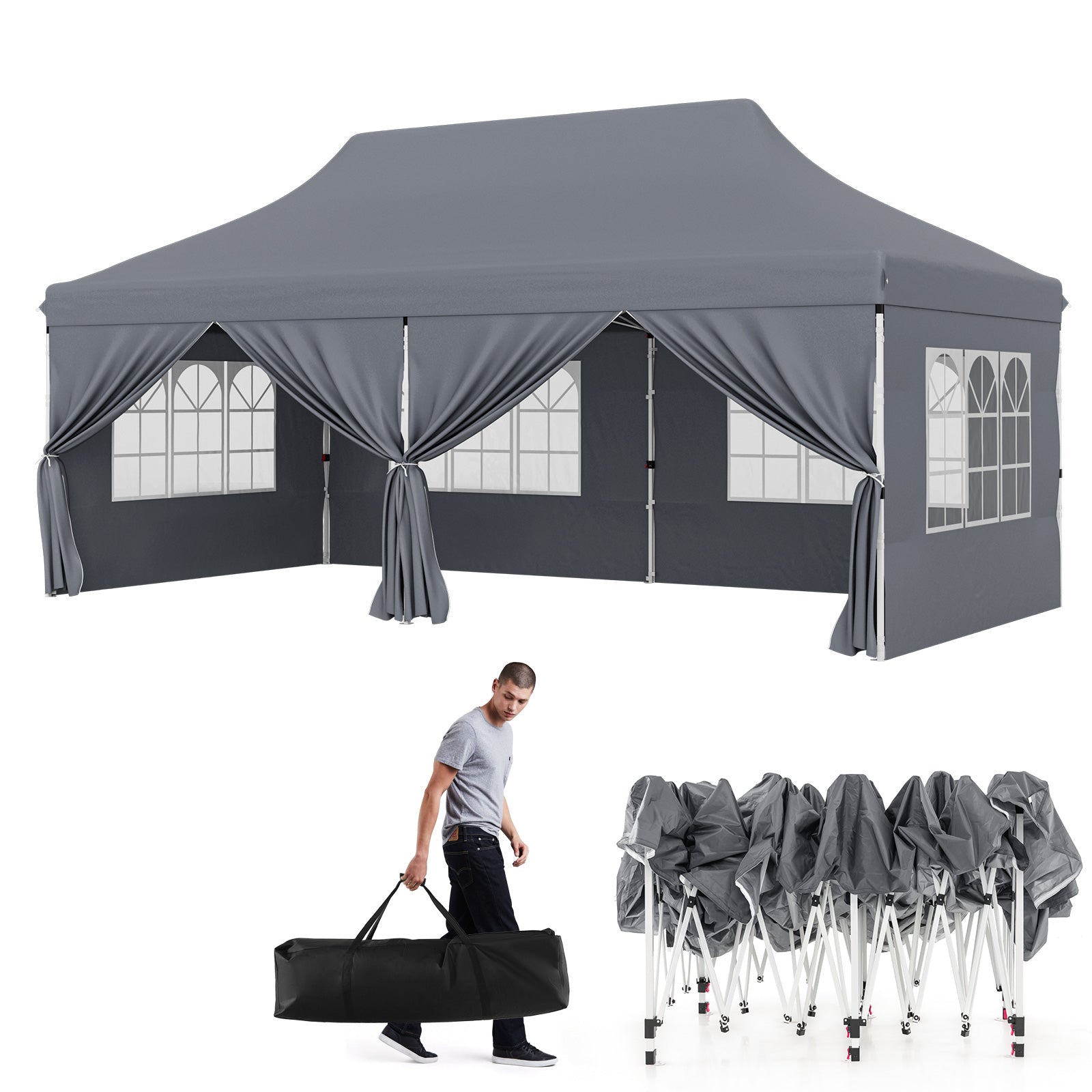 10 x 20 FT Pop up Canopy with 6 Sidewalls and Windows and Carrying Bag for Party Wedding Picnic, Gray Canopies at Gallery Canada