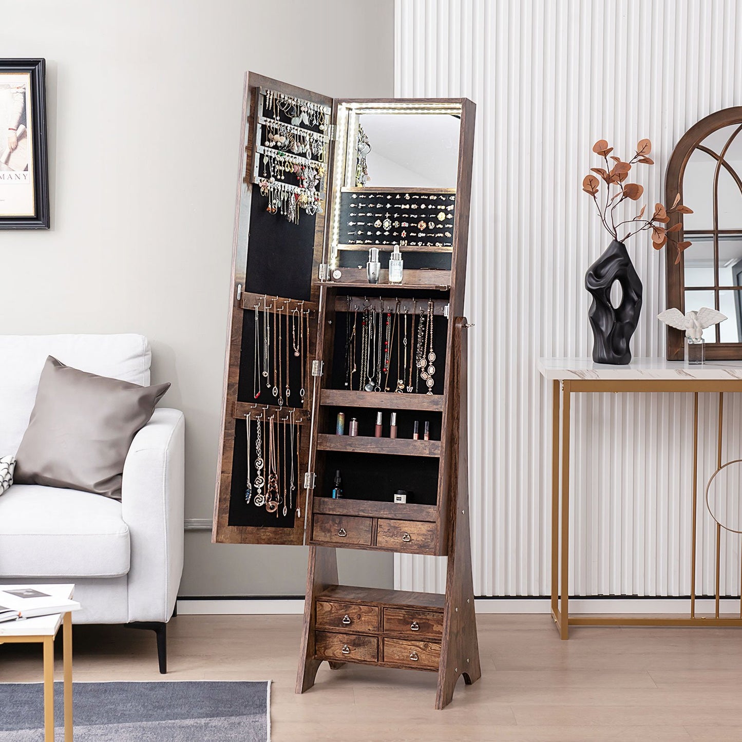 Freestanding Full Length LED Mirrored Jewelry Armoire with 6 Drawers, Rustic Brown Jewelry Armoires   at Gallery Canada