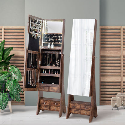 Freestanding Full Length LED Mirrored Jewelry Armoire with 6 Drawers, Rustic Brown Jewelry Armoires   at Gallery Canada