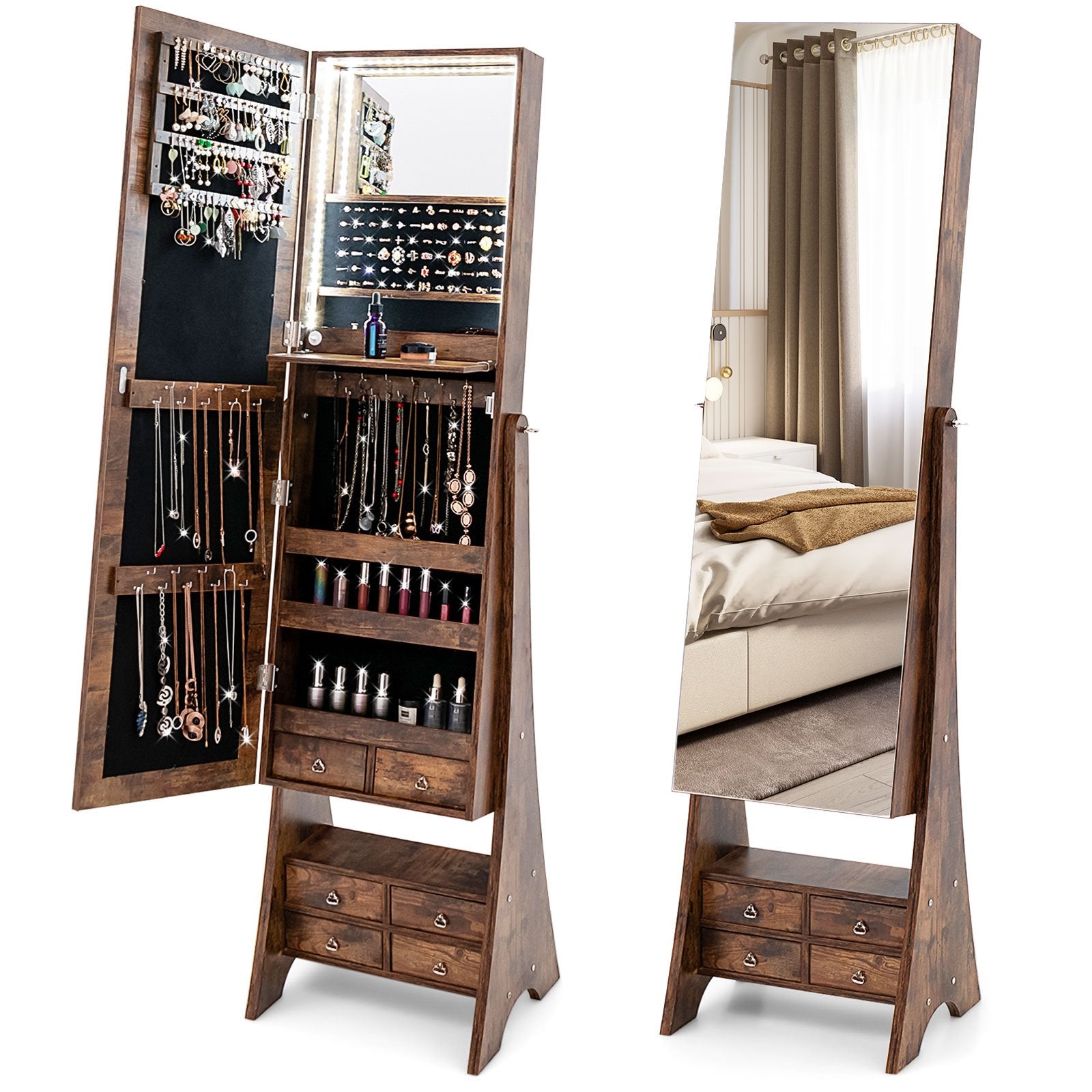 Freestanding Full Length LED Mirrored Jewelry Armoire with 6 Drawers, Rustic Brown Jewelry Armoires   at Gallery Canada