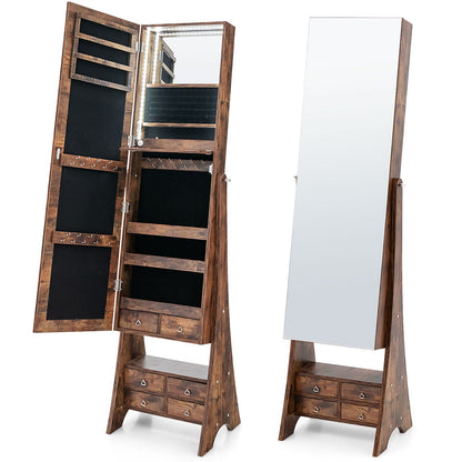 Freestanding Full Length LED Mirrored Jewelry Armoire with 6 Drawers, Rustic Brown Jewelry Armoires   at Gallery Canada