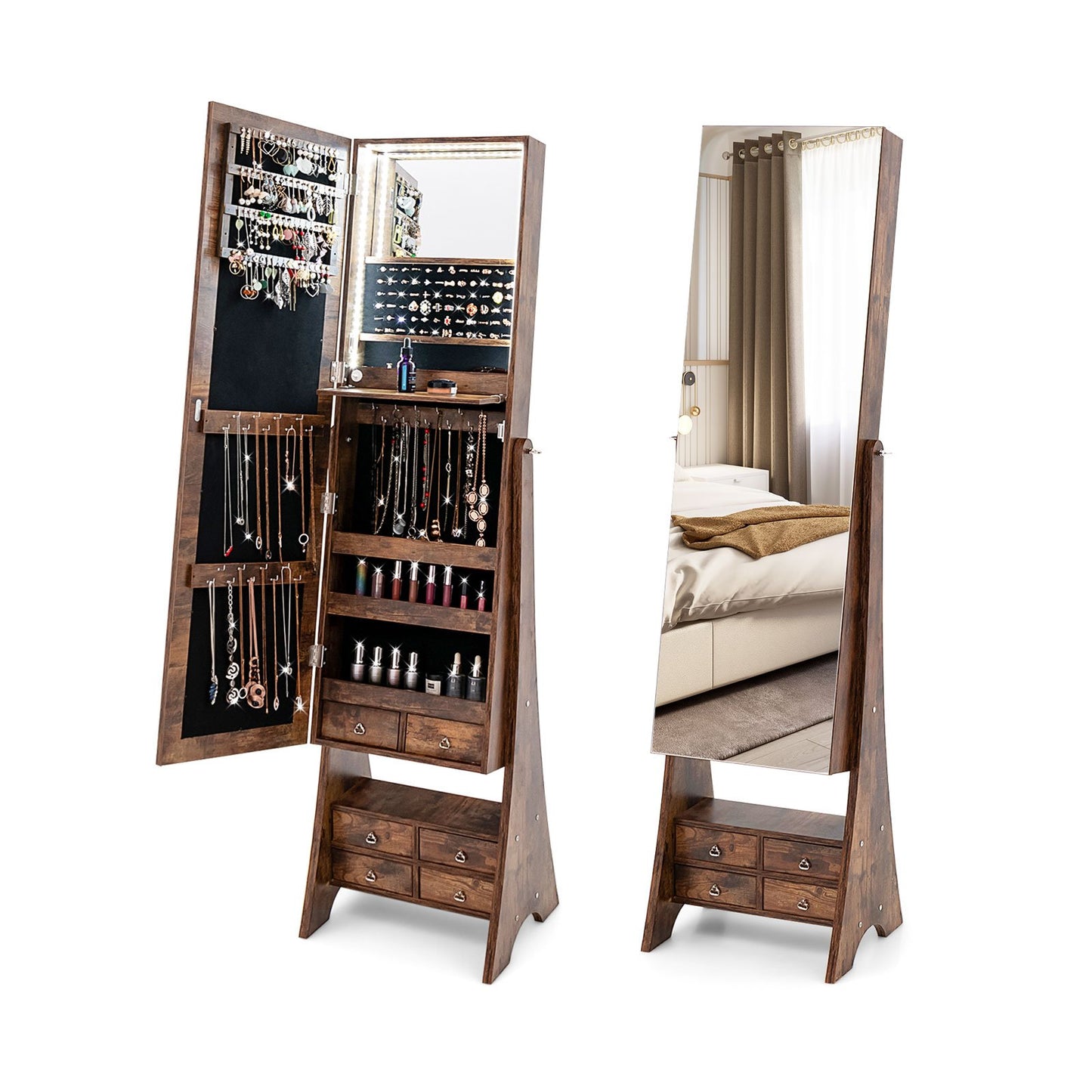 Freestanding Full Length LED Mirrored Jewelry Armoire with 6 Drawers, Rustic Brown Jewelry Armoires   at Gallery Canada