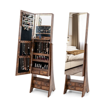 Freestanding Full Length LED Mirrored Jewelry Armoire with 6 Drawers, Rustic Brown Jewelry Armoires   at Gallery Canada