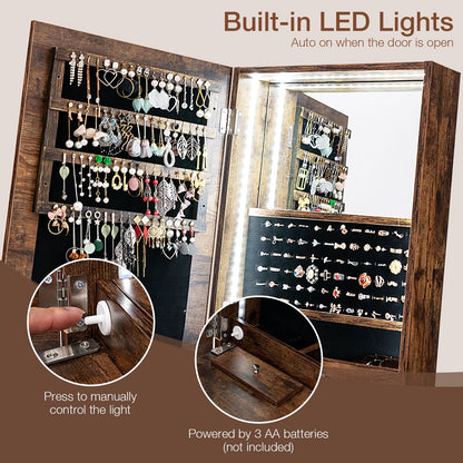 Freestanding Full Length LED Mirrored Jewelry Armoire with 6 Drawers, Rustic Brown Jewelry Armoires   at Gallery Canada