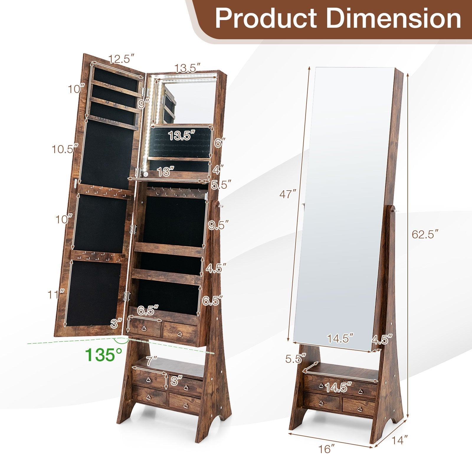 Freestanding Full Length LED Mirrored Jewelry Armoire with 6 Drawers, Rustic Brown Jewelry Armoires   at Gallery Canada