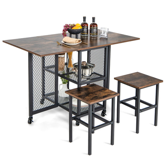 Drop Leaf Expandable Dining Table Set with Lockable Wheels, Brown - Gallery Canada