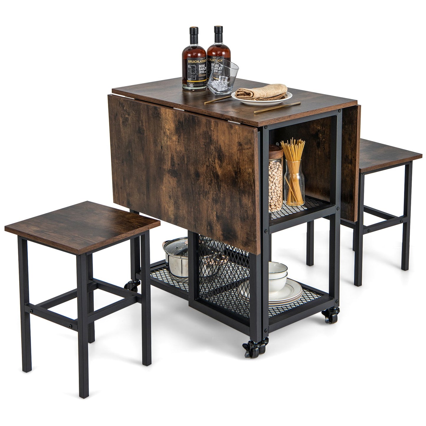 Drop Leaf Expandable Dining Table Set with Lockable Wheels, Brown Dining Room Sets   at Gallery Canada