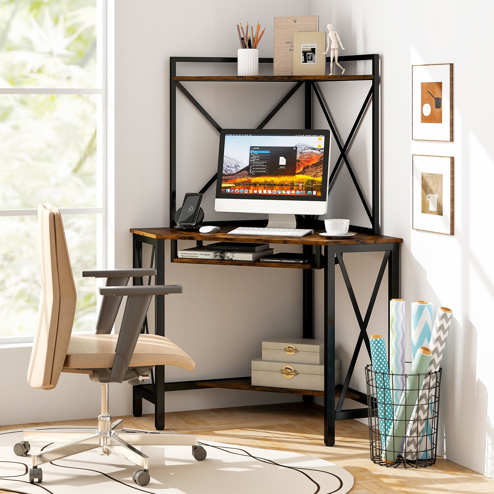 Space-Saving Corner Computer Desk with with Hutch and Keyboard Tray, Rustic Brown Corner Desks at Gallery Canada