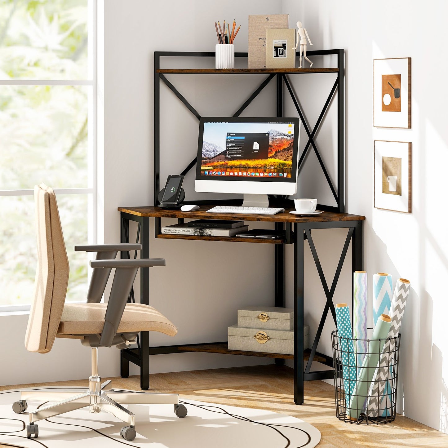 Space-Saving Corner Computer Desk with with Hutch and Keyboard Tray, Rustic Brown Corner Desks   at Gallery Canada