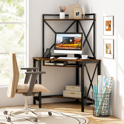 Space-Saving Corner Computer Desk with with Hutch and Keyboard Tray, Rustic Brown Corner Desks   at Gallery Canada