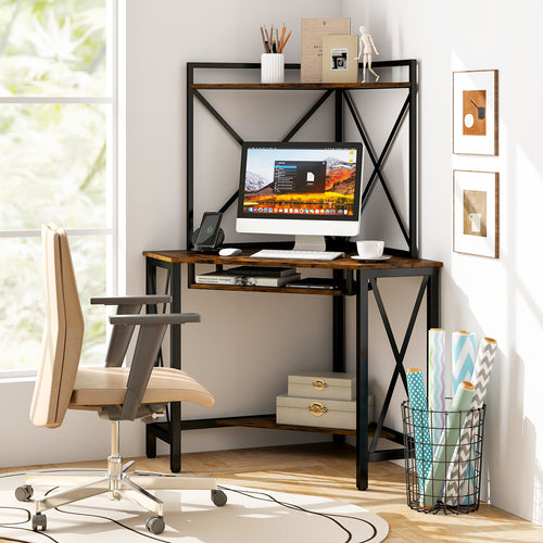 Space-Saving Corner Computer Desk with with Hutch and Keyboard Tray, Rustic Brown