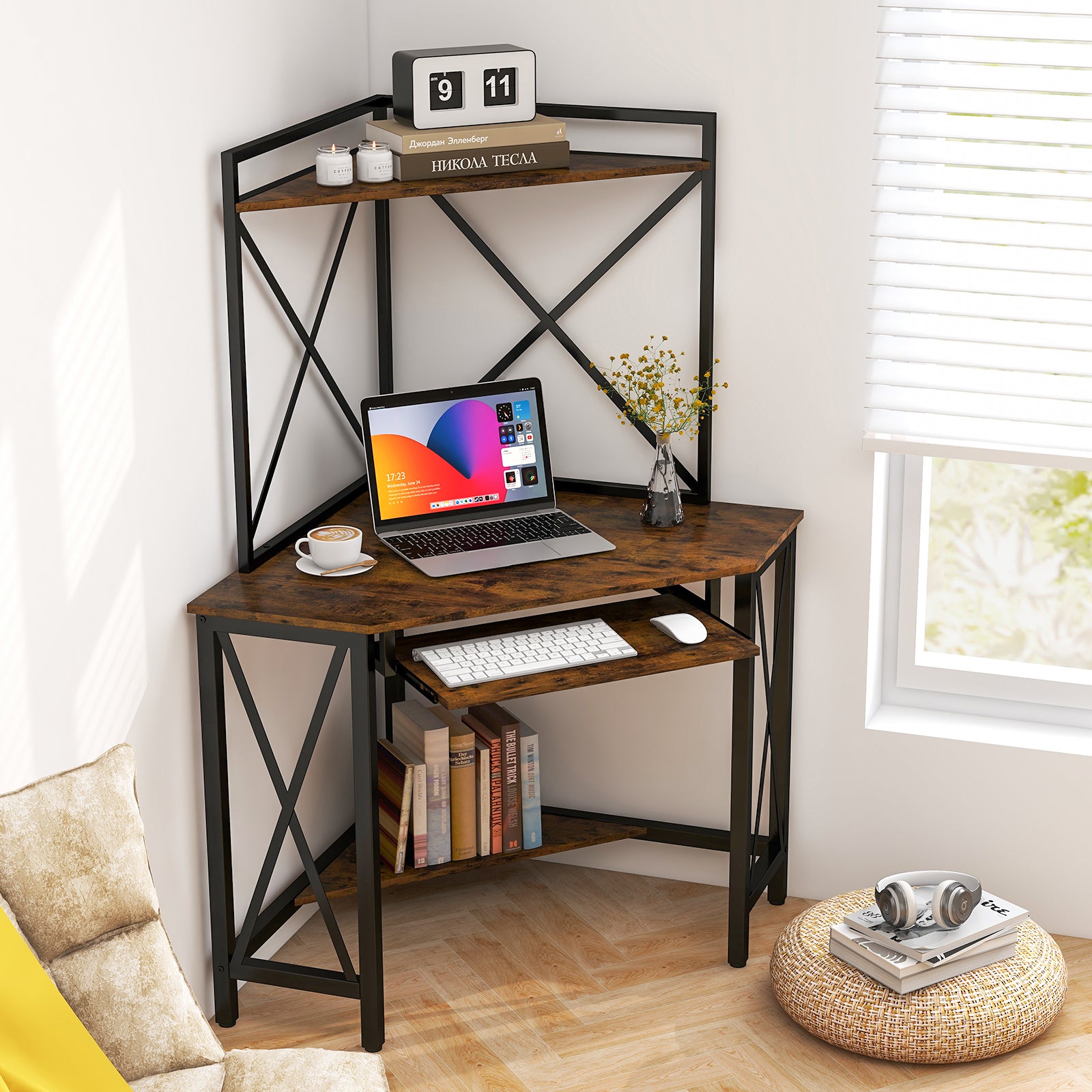 Space-Saving Corner Computer Desk with with Hutch and Keyboard Tray, Rustic Brown Corner Desks at Gallery Canada
