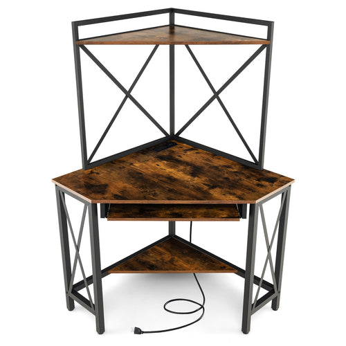 Space-Saving Corner Computer Desk with with Hutch and Keyboard Tray, Rustic Brown