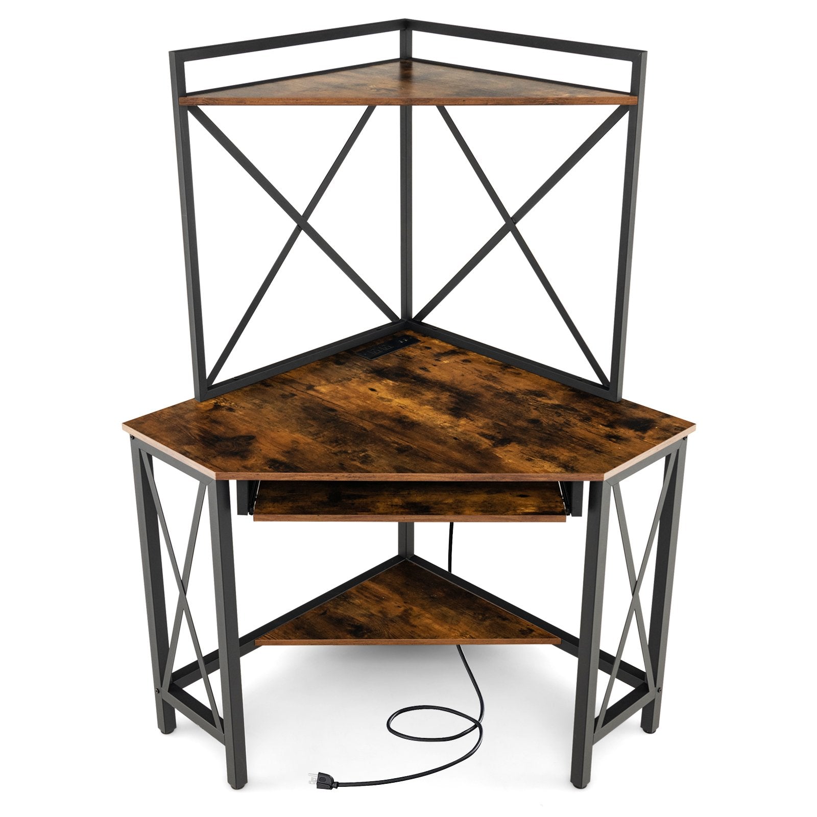 Space-Saving Corner Computer Desk with with Hutch and Keyboard Tray, Rustic Brown Corner Desks Rustic Brown at Gallery Canada