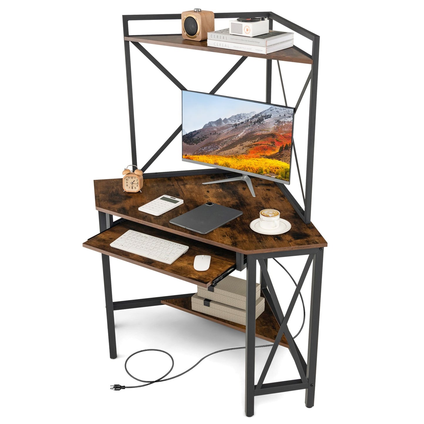 Space-Saving Corner Computer Desk with with Hutch and Keyboard Tray, Rustic Brown Corner Desks   at Gallery Canada