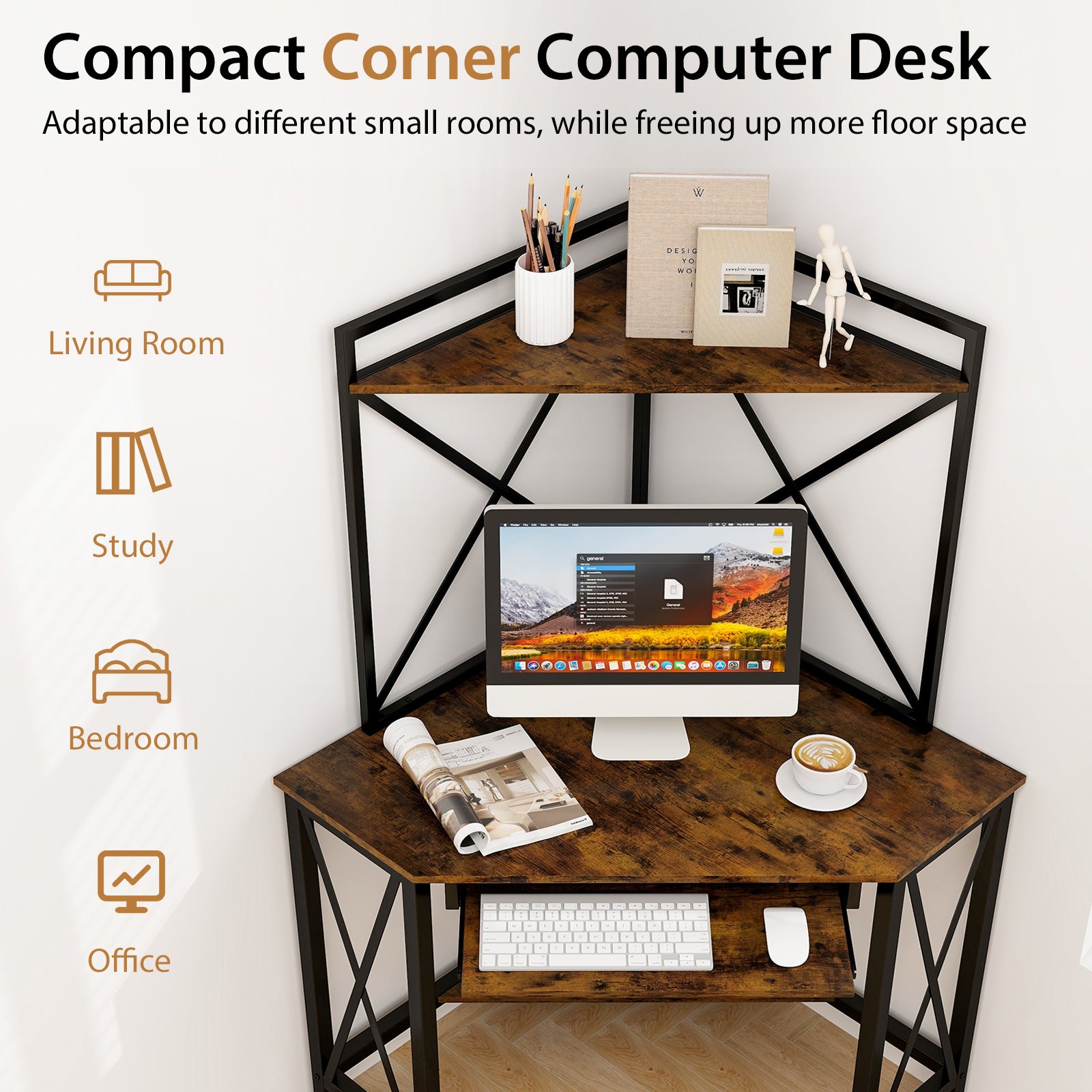 Space-Saving Corner Computer Desk with with Hutch and Keyboard Tray, Rustic Brown Corner Desks at Gallery Canada