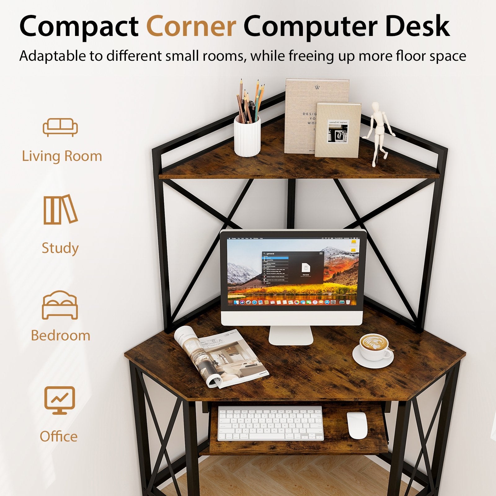 Space-Saving Corner Computer Desk with with Hutch and Keyboard Tray, Rustic Brown Corner Desks   at Gallery Canada