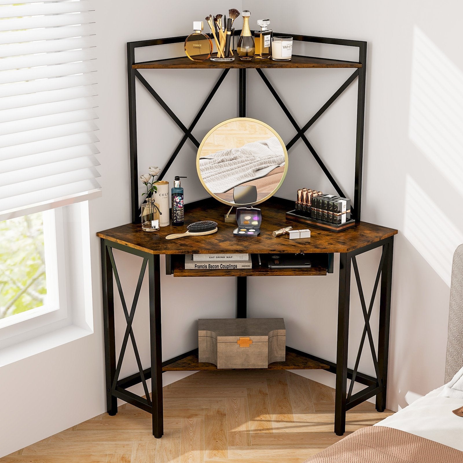 Space-Saving Corner Computer Desk with with Hutch and Keyboard Tray, Rustic Brown Corner Desks   at Gallery Canada