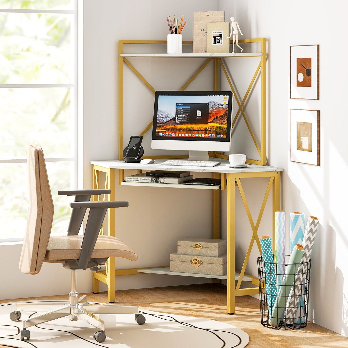 Space-Saving Corner Computer Desk with with Hutch and Keyboard Tray, White Corner Desks   at Gallery Canada