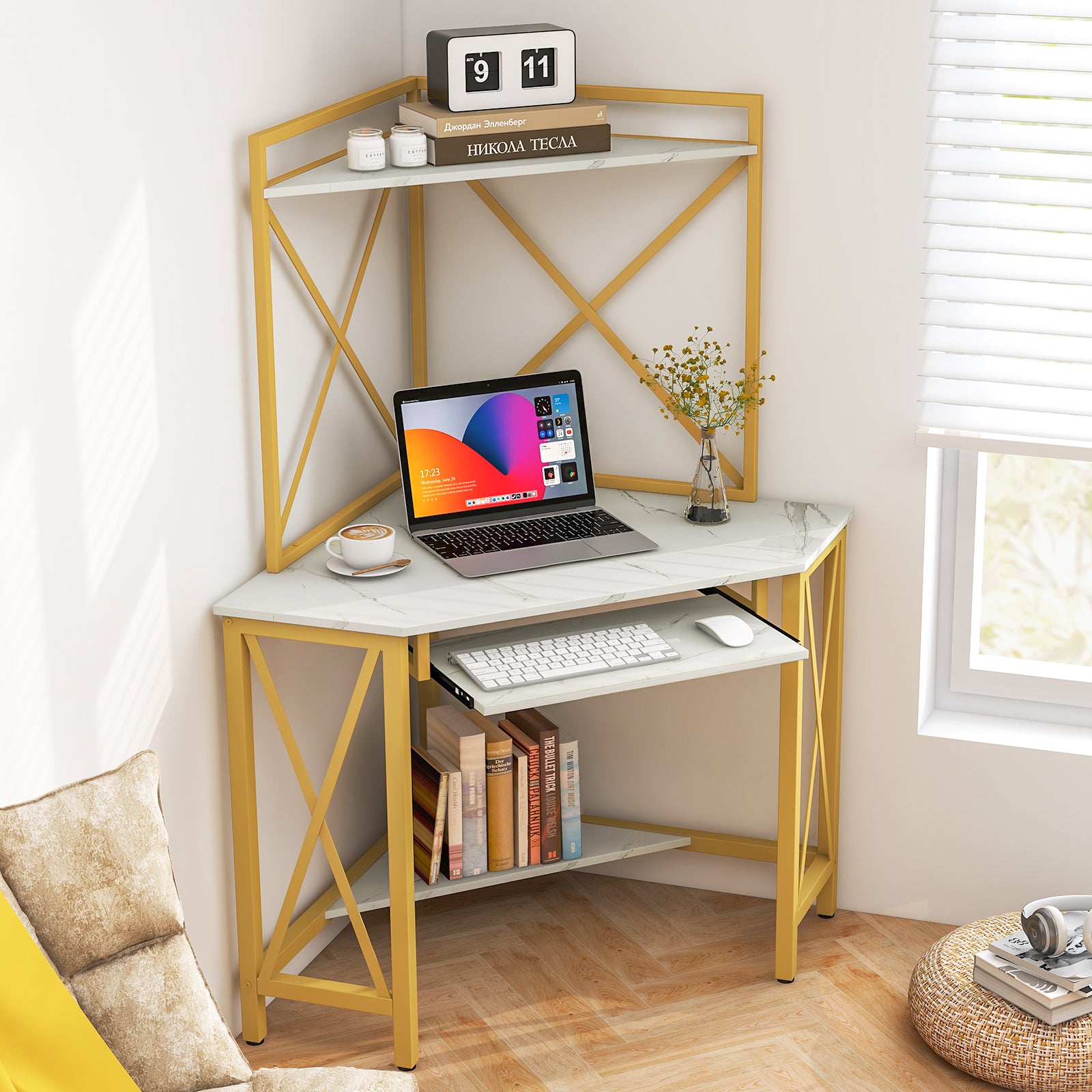 Space-Saving Corner Computer Desk with with Hutch and Keyboard Tray, White Corner Desks at Gallery Canada