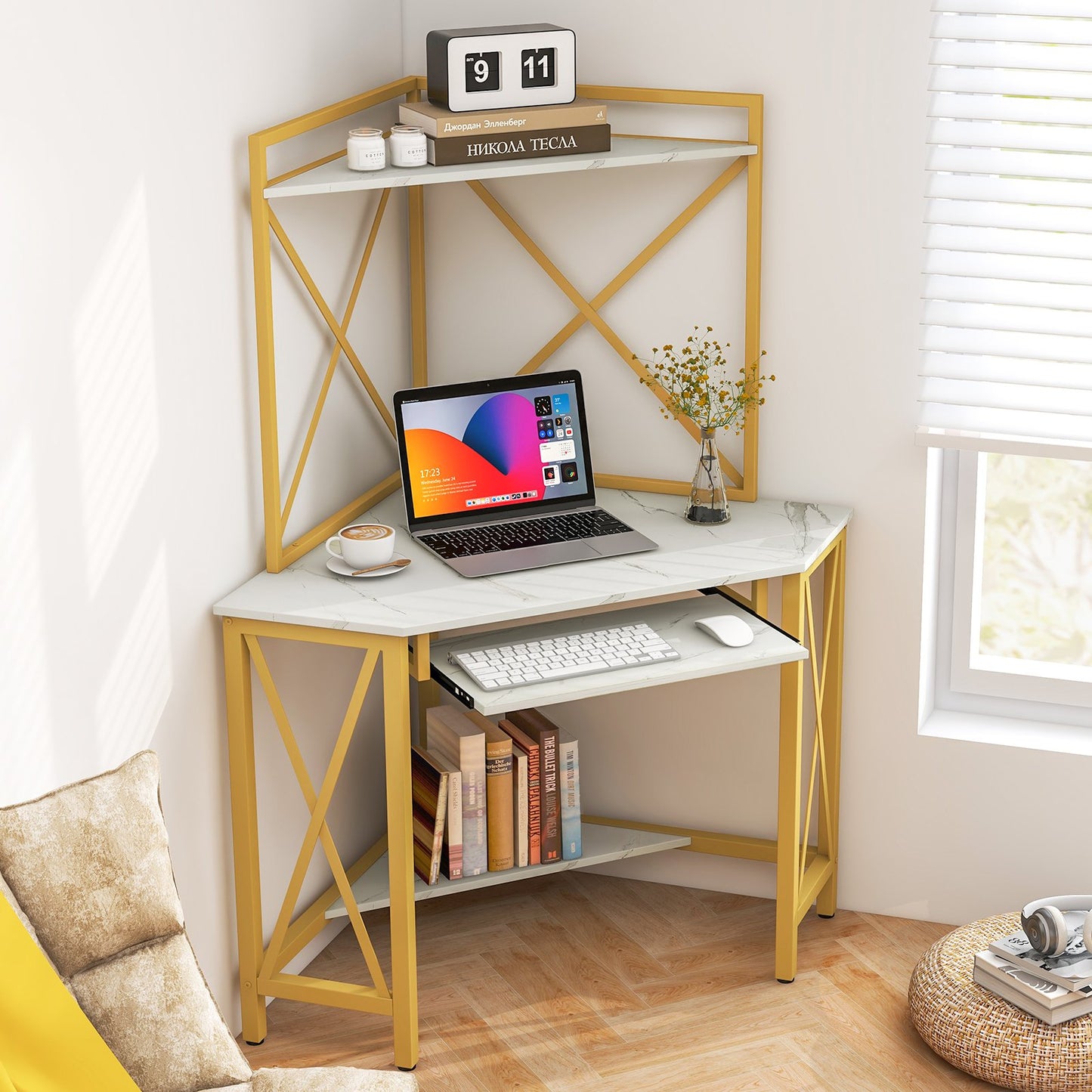 Space-Saving Corner Computer Desk with with Hutch and Keyboard Tray, White Corner Desks   at Gallery Canada