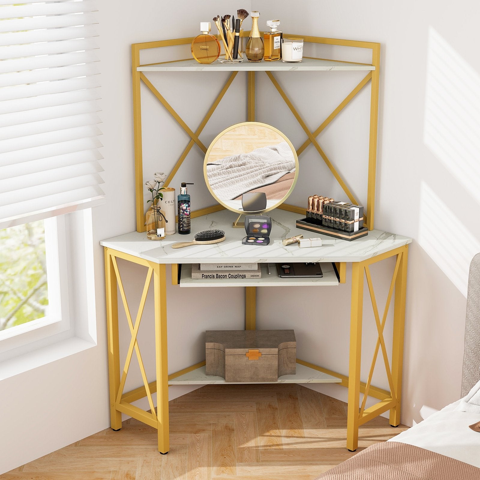 Space-Saving Corner Computer Desk with with Hutch and Keyboard Tray, White Corner Desks   at Gallery Canada