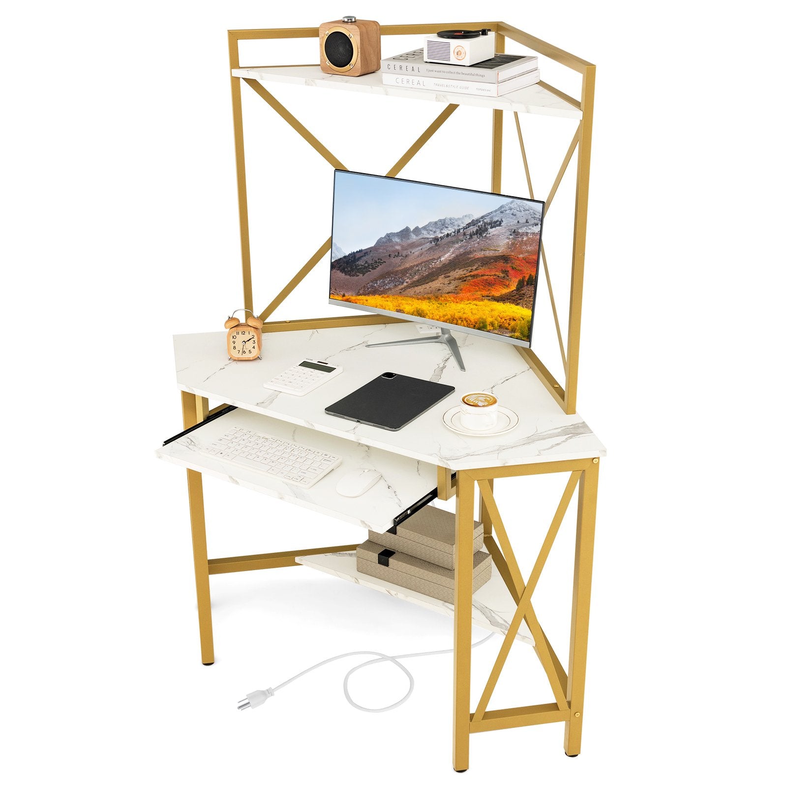 Space-Saving Corner Computer Desk with with Hutch and Keyboard Tray, White Corner Desks   at Gallery Canada