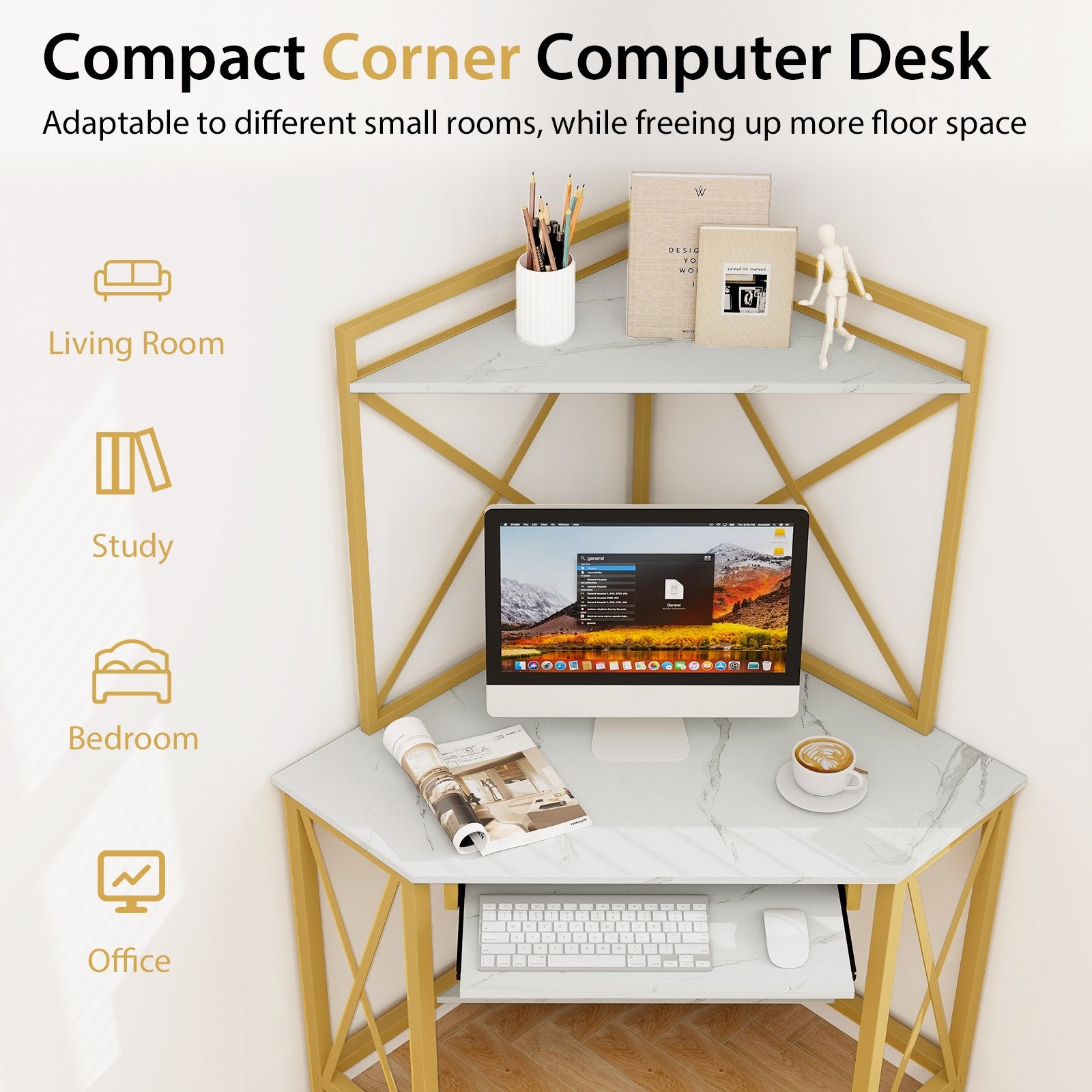 Space-Saving Corner Computer Desk with with Hutch and Keyboard Tray, White Corner Desks   at Gallery Canada