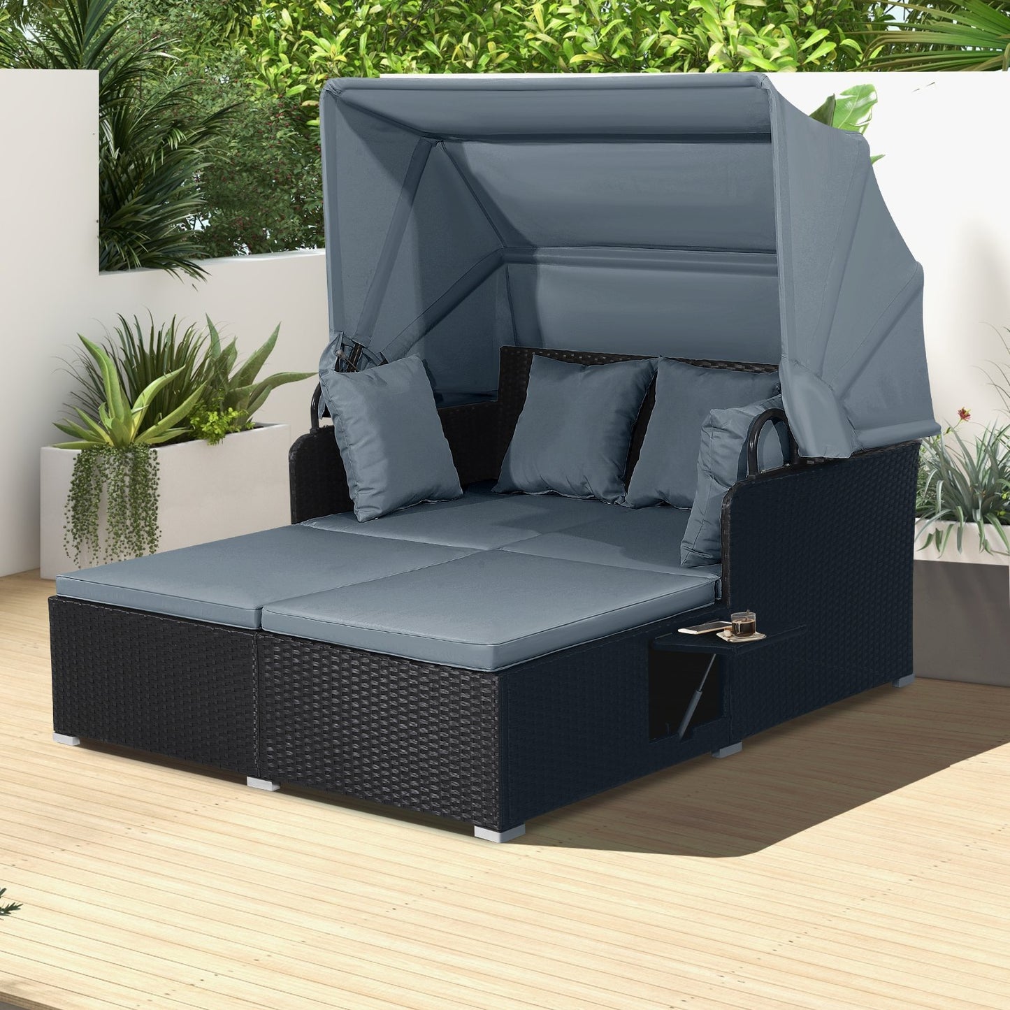 Patio Rattan Daybed with Retractable Canopy and Side Tables, Gray Outdoor Sectionals   at Gallery Canada