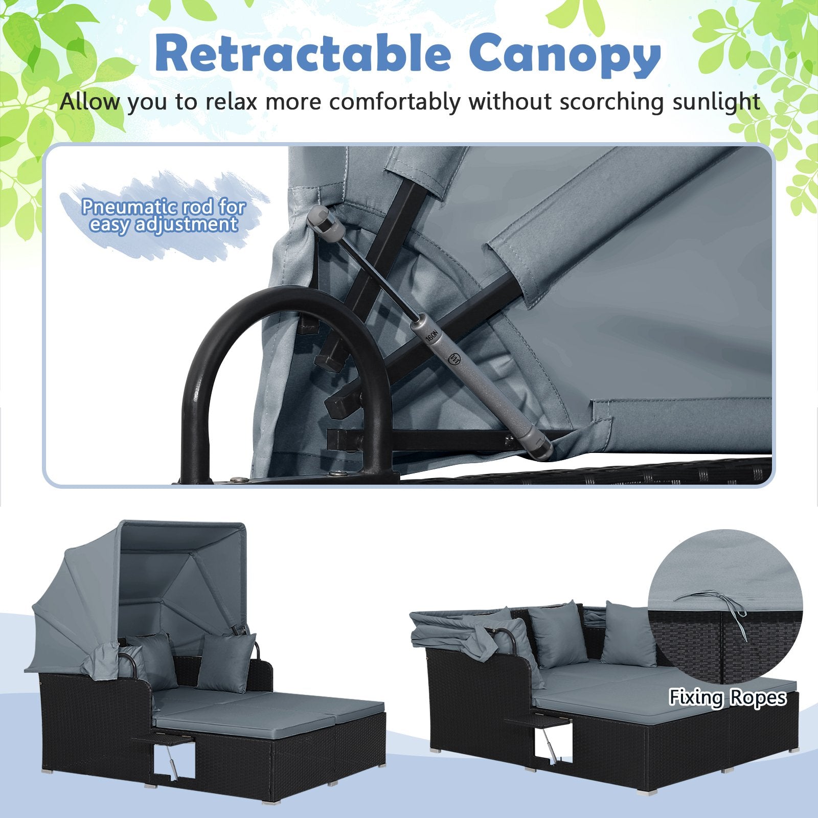 Patio Rattan Daybed with Retractable Canopy and Side Tables, Gray Outdoor Sectionals   at Gallery Canada