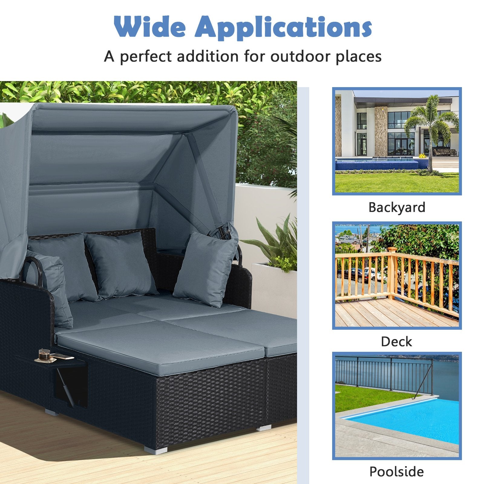 Patio Rattan Daybed with Retractable Canopy and Side Tables, Gray Outdoor Sectionals   at Gallery Canada