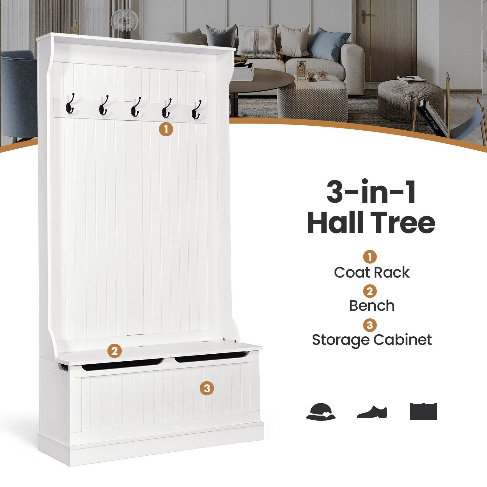 3-in-1 Entryway Hall Tree Coat Rack Shoe Bench with Hooks and Bottom Storage, White Coat Racks & Hall Trees   at Gallery Canada